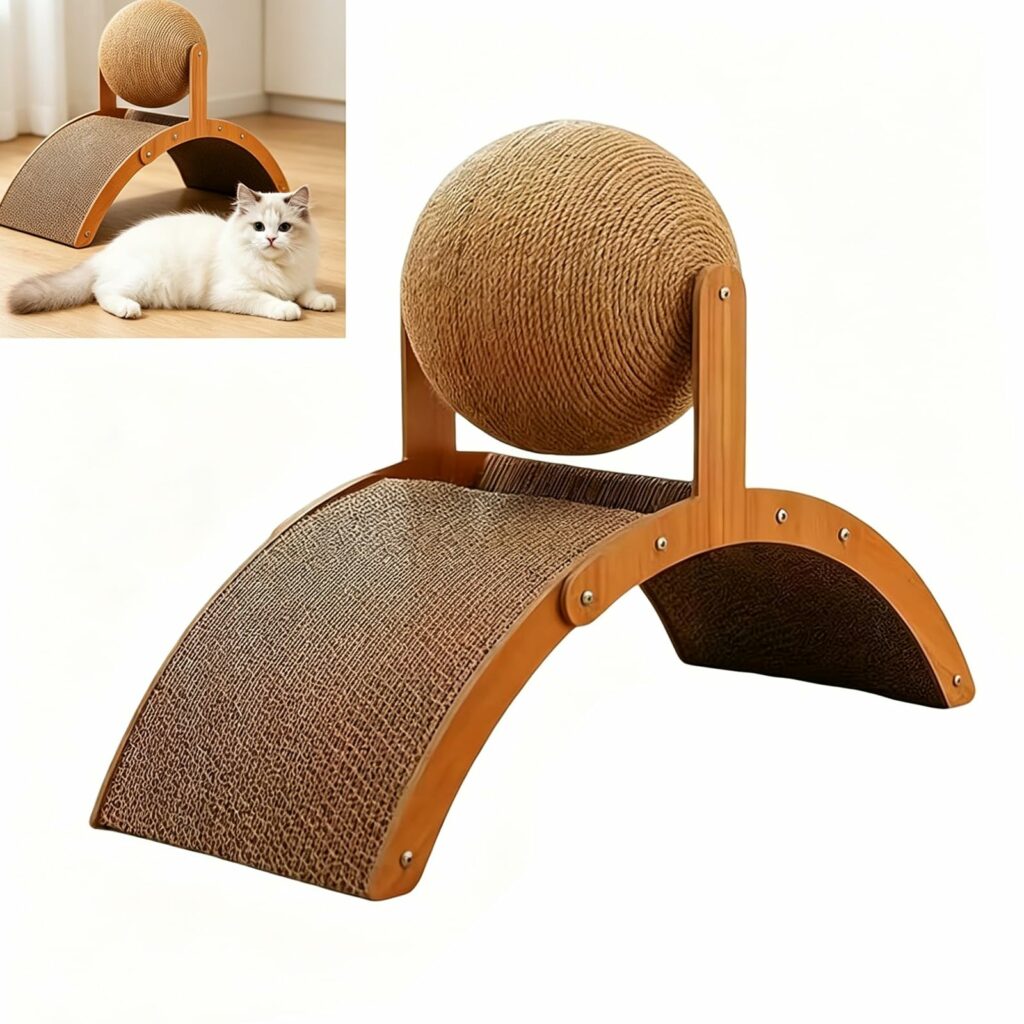 Griffoir arche en bois avec boule en sisal rotative pour chat